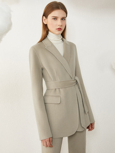 Wool Solid Belt Blazer Coat & High Waist Solid Pants