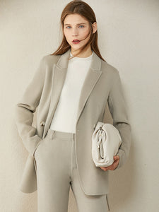 Wool Solid Belt Blazer Coat & High Waist Solid Pants