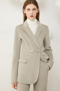 Wool Solid Belt Blazer Coat & High Waist Solid Pants