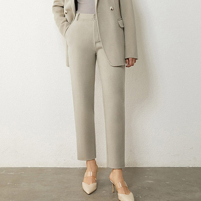 Wool Solid Belt Blazer Coat & High Waist Solid Pants