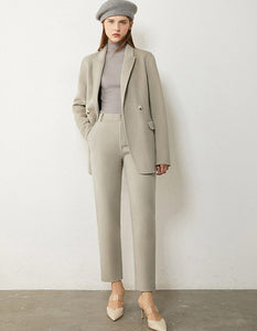 Wool Solid Belt Blazer Coat & High Waist Solid Pants