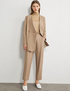 Vneck Solid Double breasted Blazer+High Waist Pants