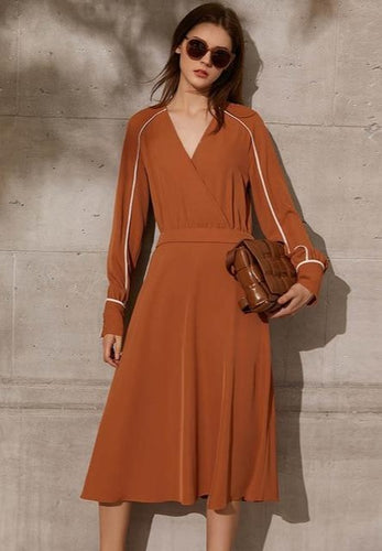 VNeck FSleeve High Waist Midi Dress