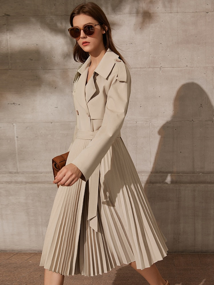 Pleated Double Breasted Belt Trench Coat – ModishTutto