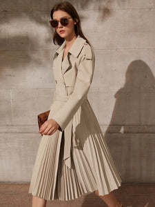 Pleated Double Breasted Belt Trench Coat