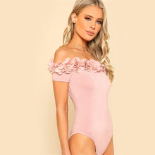 Load image into Gallery viewer, Pink Flower Applique Off Shoulder Bodysuit