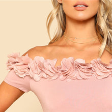 Load image into Gallery viewer, Pink Flower Applique Off Shoulder Bodysuit