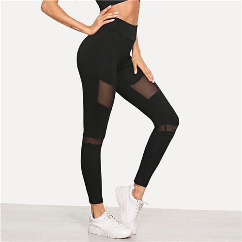 Minimalist Wide Waistband Mesh Insert Skinny Leggings