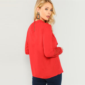 Red Lace Cuff Ruffle Blouse