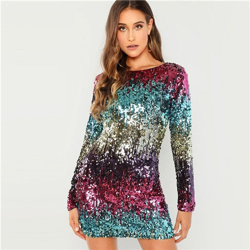 long sleeve multicolor sequin dress Multicolor Sequins Iridescent Dress – ModishTutto