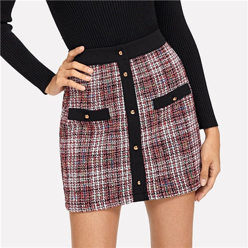 Trim Button Up  Colorblock Tweed Skirt