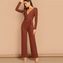Load image into Gallery viewer, Brown V neck Self Belted Wrap Jumpsuit