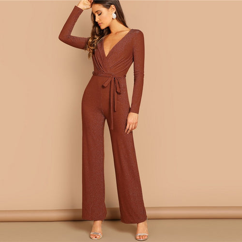 Brown V neck Self Belted Wrap Jumpsuit