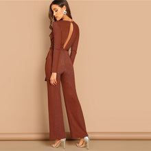 Load image into Gallery viewer, Brown V neck Self Belted Wrap Jumpsuit