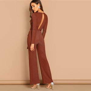 Brown V neck Self Belted Wrap Jumpsuit