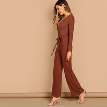 Load image into Gallery viewer, Brown V neck Self Belted Wrap Jumpsuit