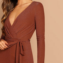 Load image into Gallery viewer, Brown V neck Self Belted Wrap Jumpsuit