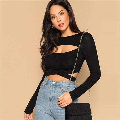 Black Cutout Front Cross Wrap Crop T Shirt