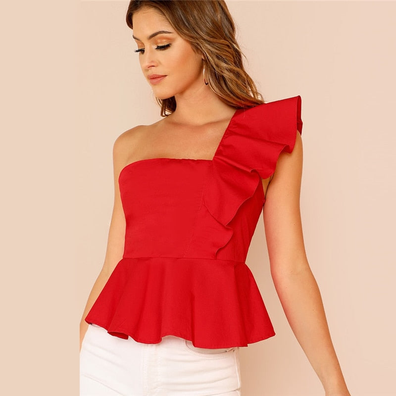 Ruffle Trim One Shoulder Peplum Top