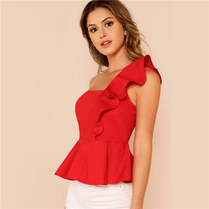 Ruffle Trim One Shoulder Peplum Top