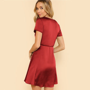 Surplice Wrap Belted Satin Red Dress