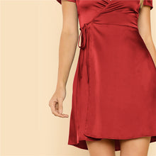 Load image into Gallery viewer, Surplice Wrap Belted Satin Red Dress