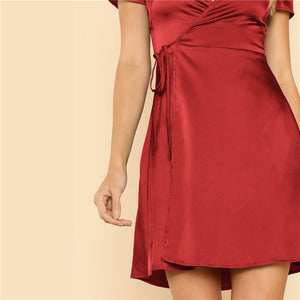 Surplice Wrap Belted Satin Red Dress