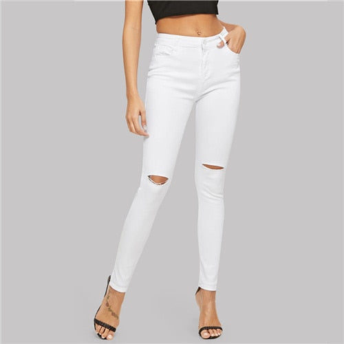 White Ripped Solid Denim Pants