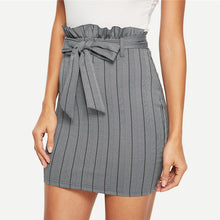 Load image into Gallery viewer, Grey Pinstripe Belted Zipper Bodycon Pencil Skirt