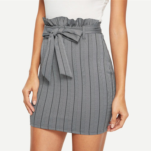 Grey Pinstripe Belted Zipper Bodycon Pencil Skirt