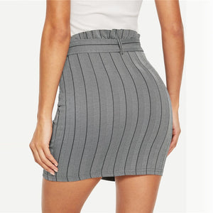 Grey Pinstripe Belted Zipper Bodycon Pencil Skirt