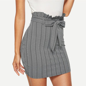 Grey Pinstripe Belted Zipper Bodycon Pencil Skirt
