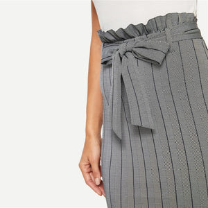 Grey Pinstripe Belted Zipper Bodycon Pencil Skirt