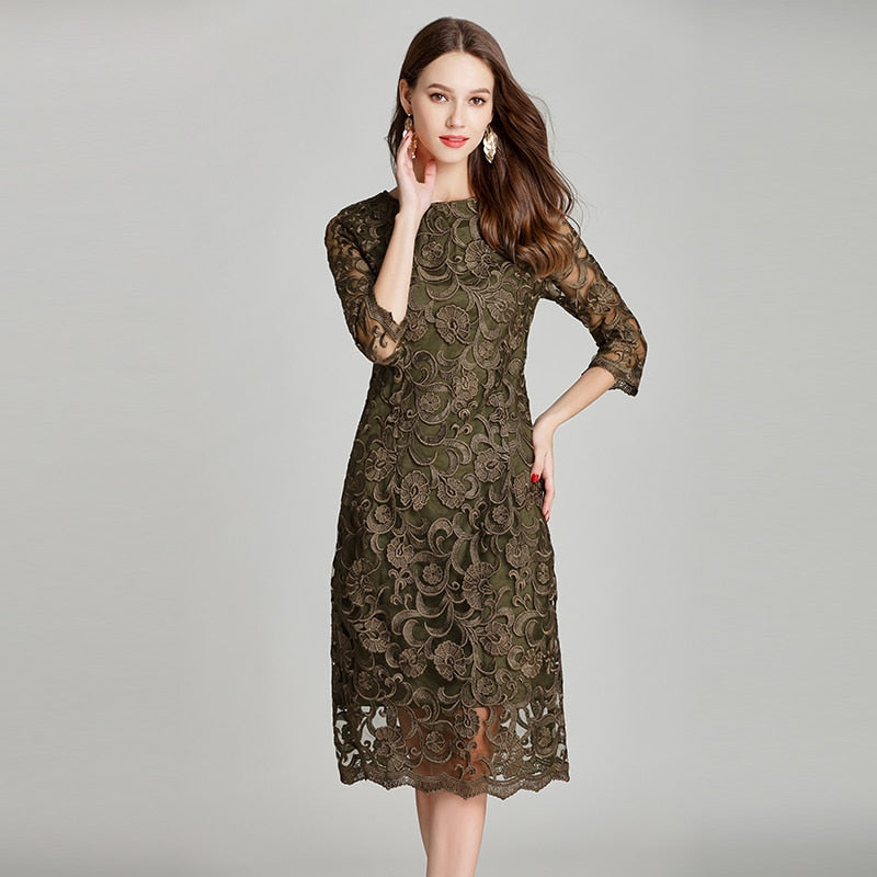 Army Green Embroidery Bodycon Lace Dress
