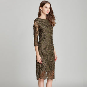 Army Green Embroidery Bodycon Lace Dress