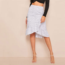 Load image into Gallery viewer, Asymmetrical Ruffle Hem Polka-Dot Midi Skirt
