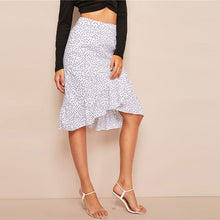Load image into Gallery viewer, Asymmetrical Ruffle Hem Polka-Dot Midi Skirt
