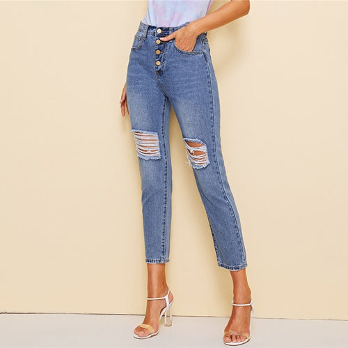 Button Detail Ripped Skinny Denim