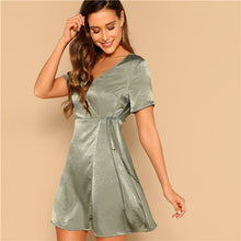 Load image into Gallery viewer, Green V Neck Surplice Wrap Knot Satin Dress