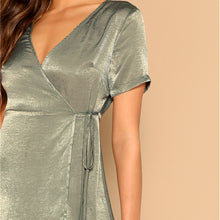 Load image into Gallery viewer, Green V Neck Surplice Wrap Knot Satin Dress