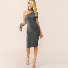 Load image into Gallery viewer, One Shoulder Choker Neck Glitter Dress