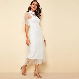 Embroidered Collar Mesh Overlay Dress