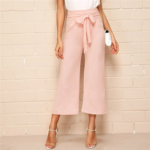 Pink High Waist Belted Wide Leg Pants