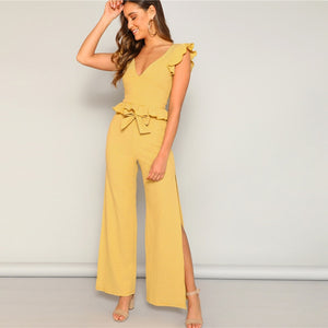 Yellow Knitted Ruffle Trim Striped Top and High Split Side Wide Leg Pants Set