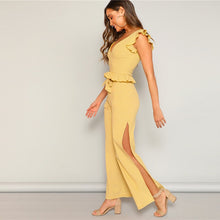 Load image into Gallery viewer, Yellow Knitted Ruffle Trim Striped Top and High Split Side Wide Leg Pants Set