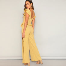 Load image into Gallery viewer, Yellow Knitted Ruffle Trim Striped Top and High Split Side Wide Leg Pants Set