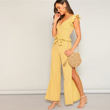 Load image into Gallery viewer, Yellow Knitted Ruffle Trim Striped Top and High Split Side Wide Leg Pants Set