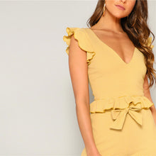 Load image into Gallery viewer, Yellow Knitted Ruffle Trim Striped Top and High Split Side Wide Leg Pants Set